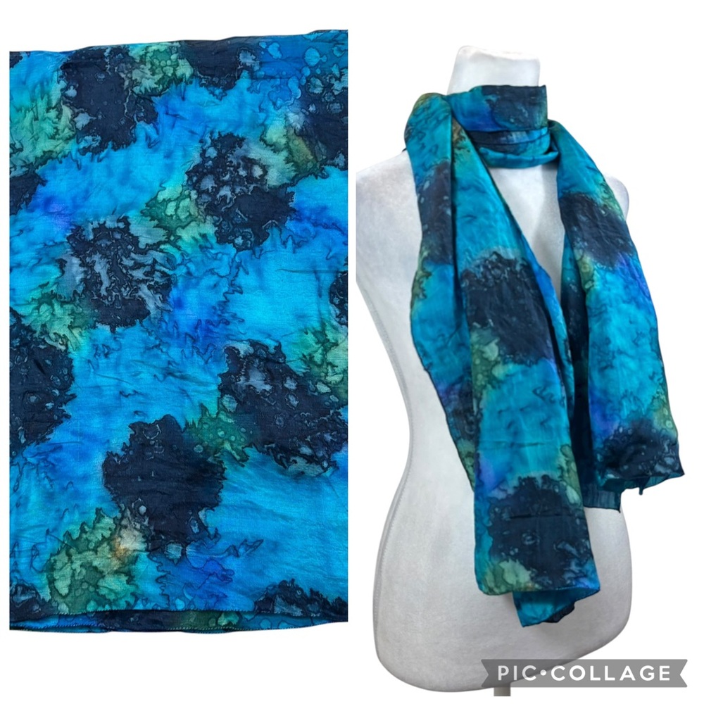 Ladies 100% Silk Batik Scarf Blue and Green Appr 61” X 19”